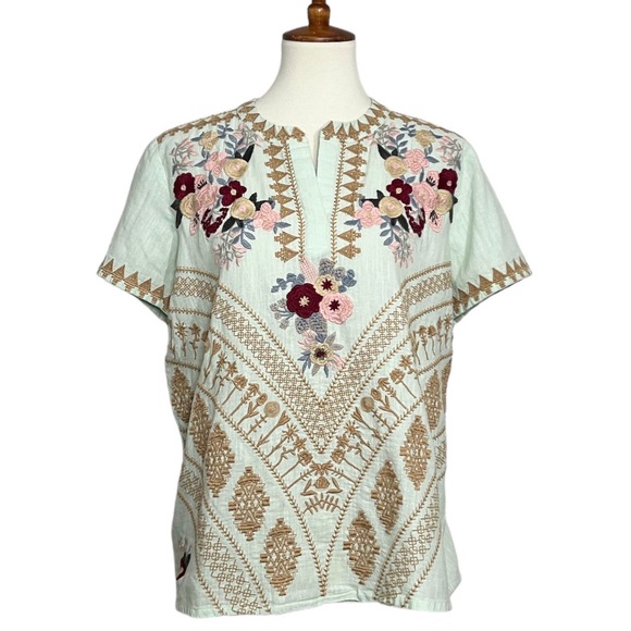 Tolani Collection Short Sleeve Embroidered Top 100% Cotton Boho Size Medium - Picture 3 of 9
